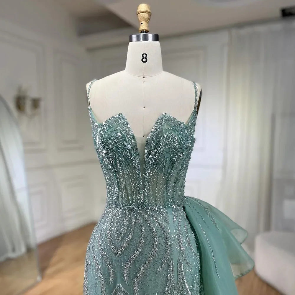 Spaghetti Straps Sage Green Mermaid Evening Dress with Overskirt LA72378