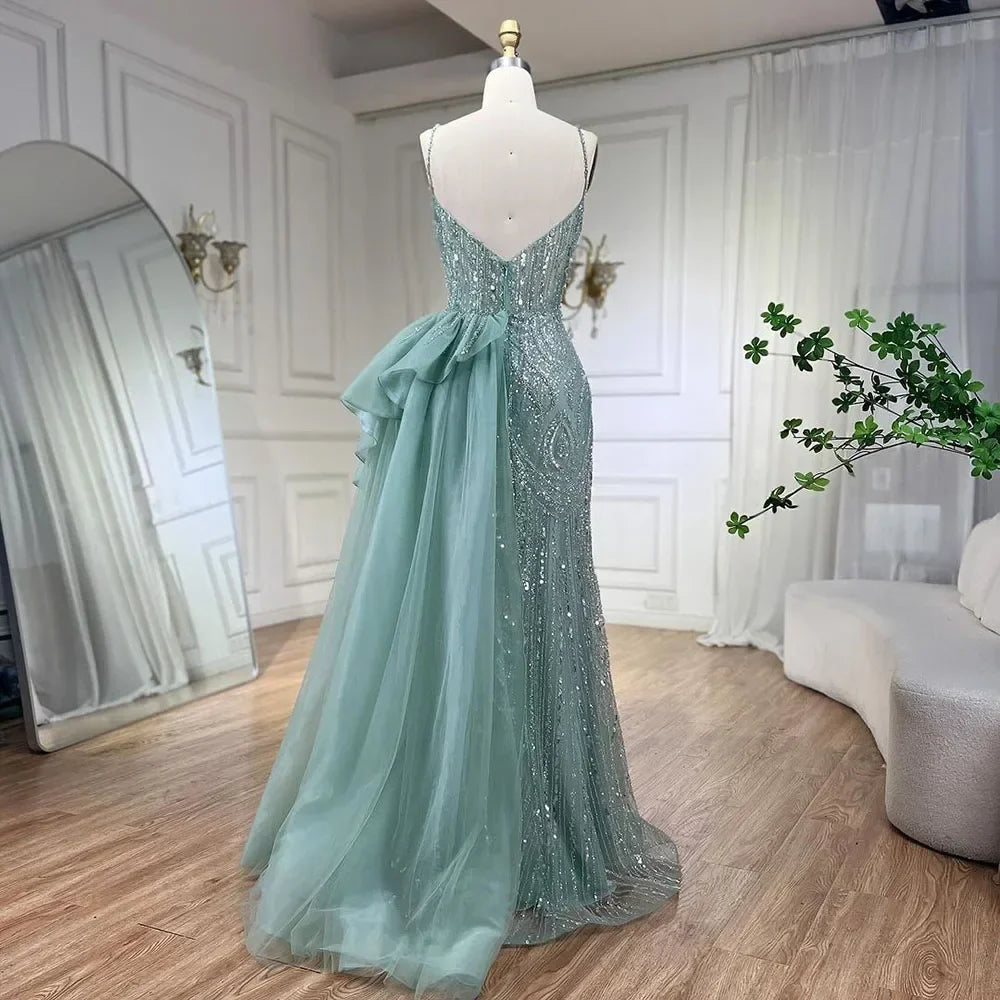 Spaghetti Straps Sage Green Mermaid Evening Dress with Overskirt LA72378