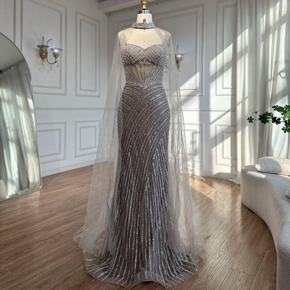 Luxury Dubai Spaghetti Strap Long Nude Mermaid Beaded Cape With Sleeves Evening Dresses Gowns LA72860