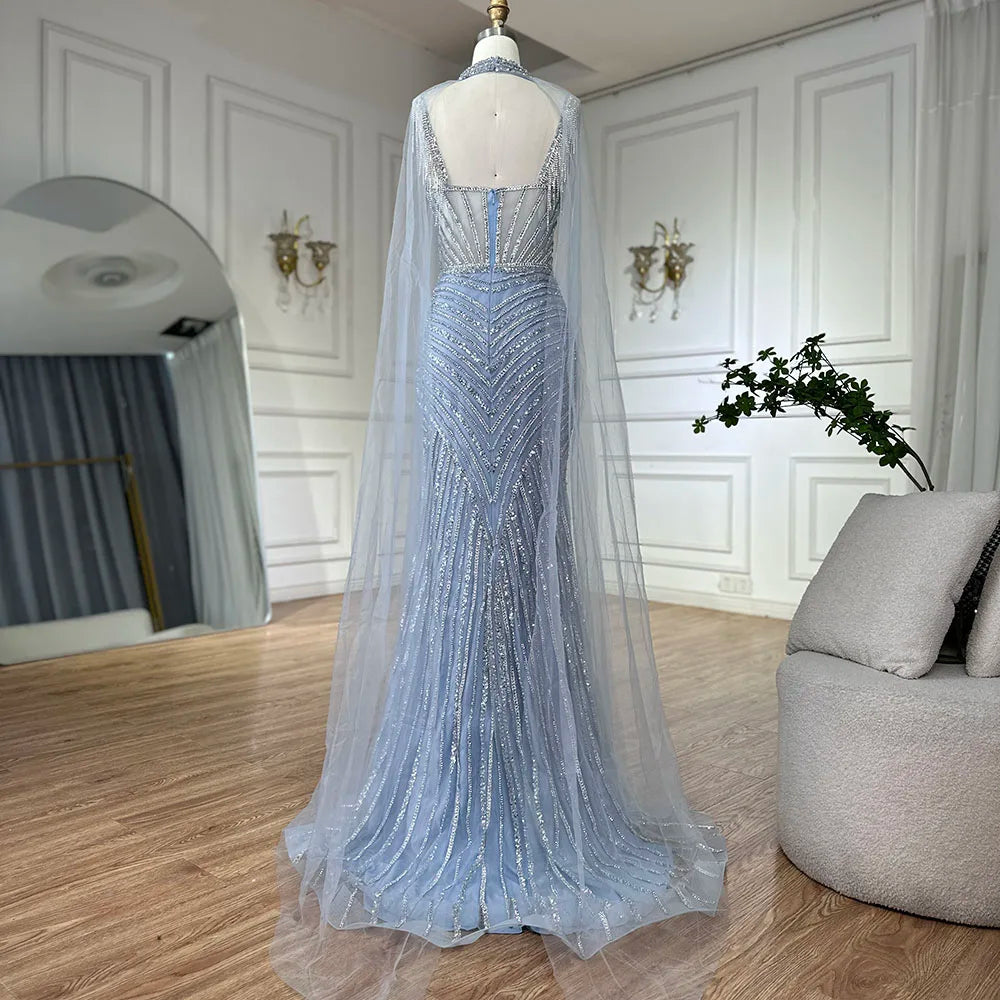 Luxury Dubai Spaghetti Strap Long Nude Mermaid Beaded Cape With Sleeves Evening Dresses Gowns LA72860