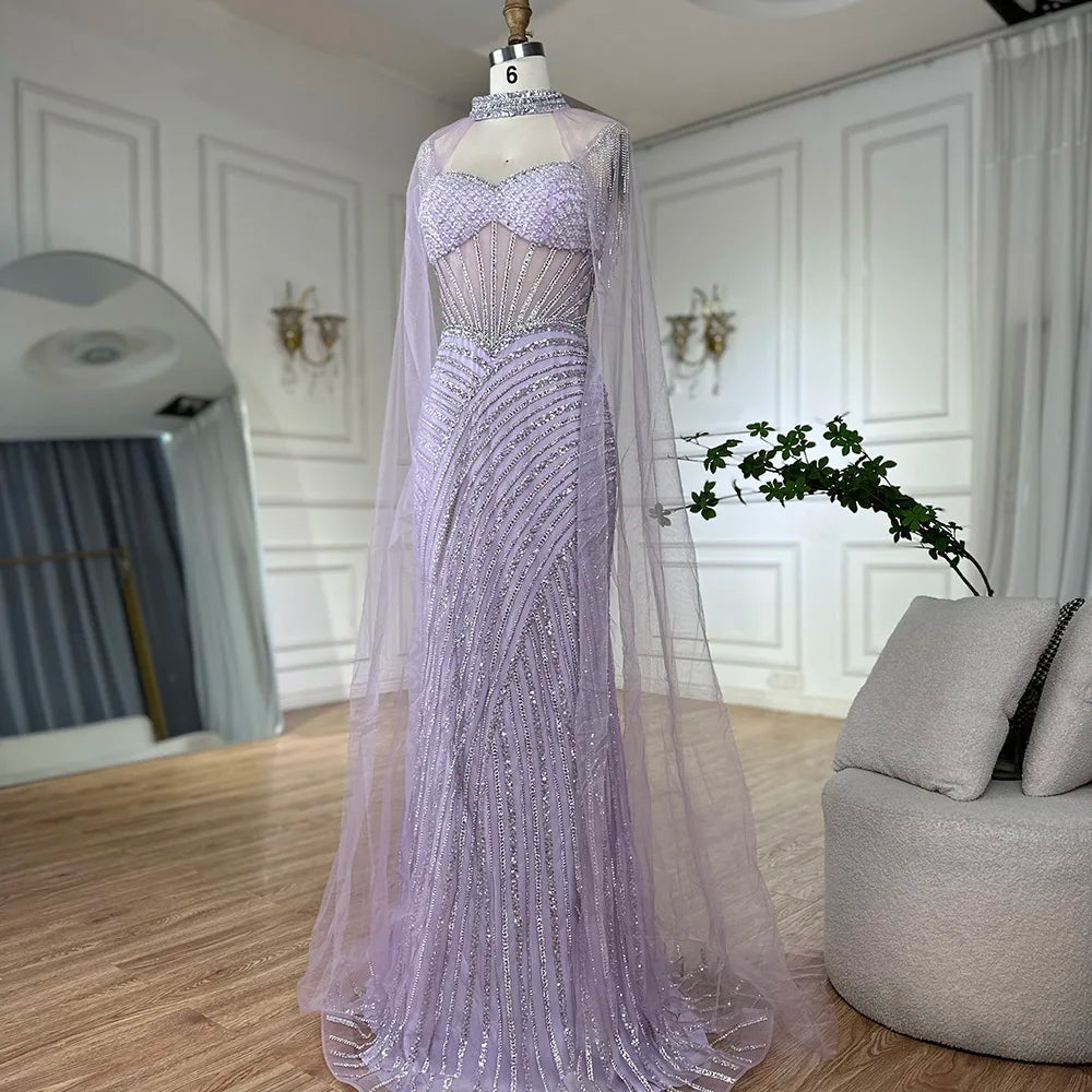 Luxury Dubai Spaghetti Strap Long Nude Mermaid Beaded Cape With Sleeves Evening Dresses Gowns LA72860