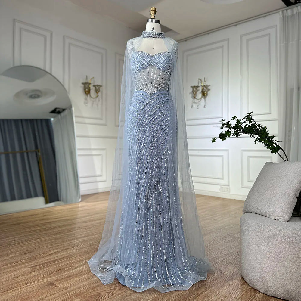 Luxury Dubai Spaghetti Strap Long Nude Mermaid Beaded Cape With Sleeves Evening Dresses Gowns LA72860