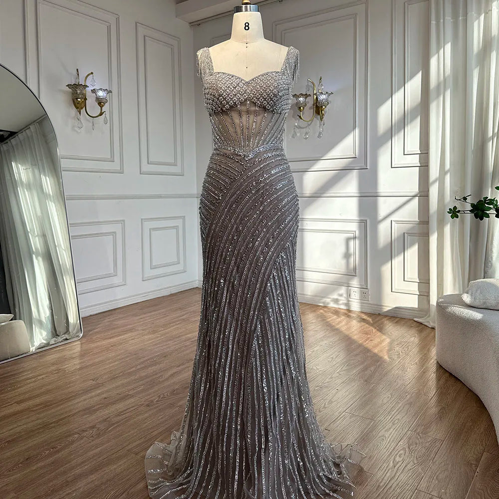Luxury Dubai Spaghetti Strap Long Nude Mermaid Beaded Cape With Sleeves Evening Dresses Gowns LA72860