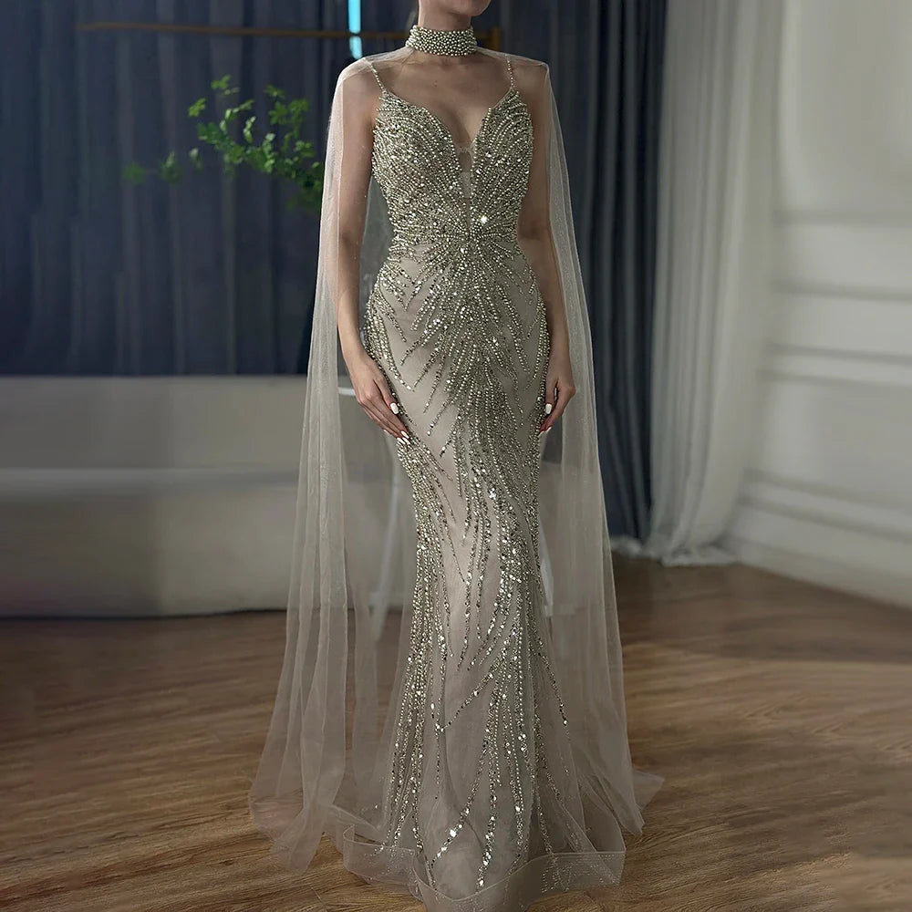 Luxury Dubai Spaghetti Strap Long Cloak Mermaid Caramel Beaded Luxury Evening Dresses Gowns for Women's Party LA72768