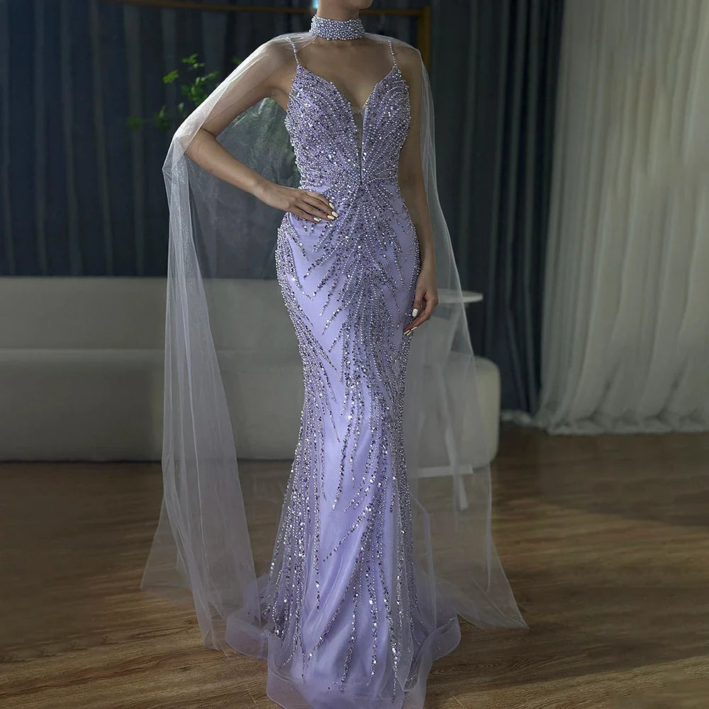 Luxury Dubai Spaghetti Strap Long Cloak Mermaid Caramel Beaded Luxury Evening Dresses Gowns for Women's Party LA72768