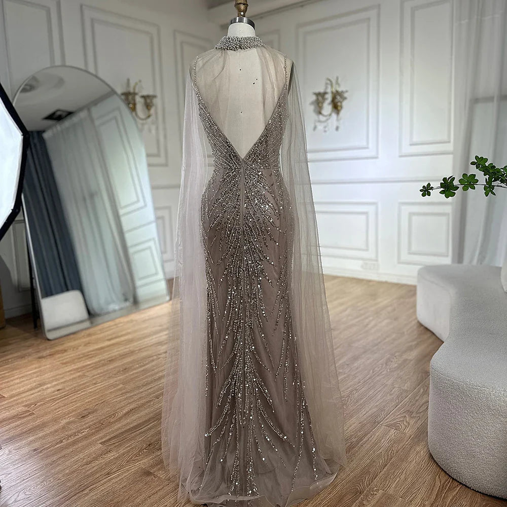 Luxury Dubai Spaghetti Strap Long Cloak Mermaid Caramel Beaded Luxury Evening Dresses Gowns for Women's Party LA72768