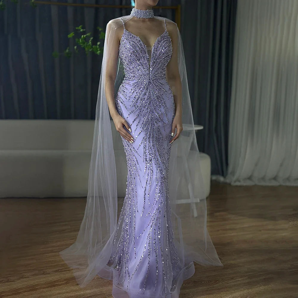 Luxury Dubai Spaghetti Strap Long Cloak Mermaid Caramel Beaded Luxury Evening Dresses Gowns for Women's Party LA72768