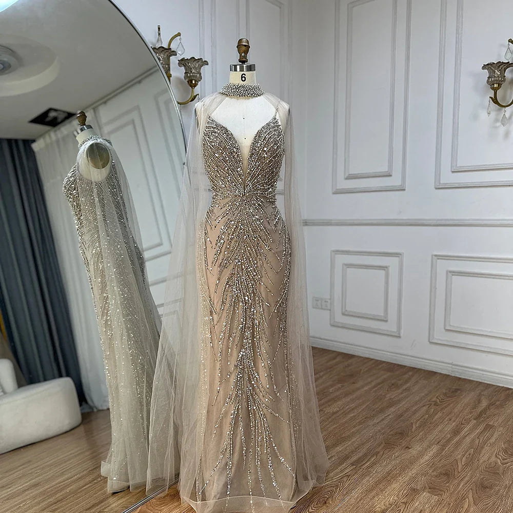 Luxury Dubai Spaghetti Strap Long Cloak Mermaid Caramel Beaded Luxury Evening Dresses Gowns for Women's Party LA72768