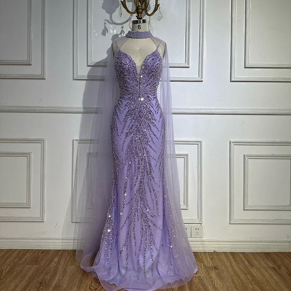 Luxury Dubai Spaghetti Strap Long Cloak Mermaid Caramel Beaded Luxury Evening Dresses Gowns for Women's Party LA72768