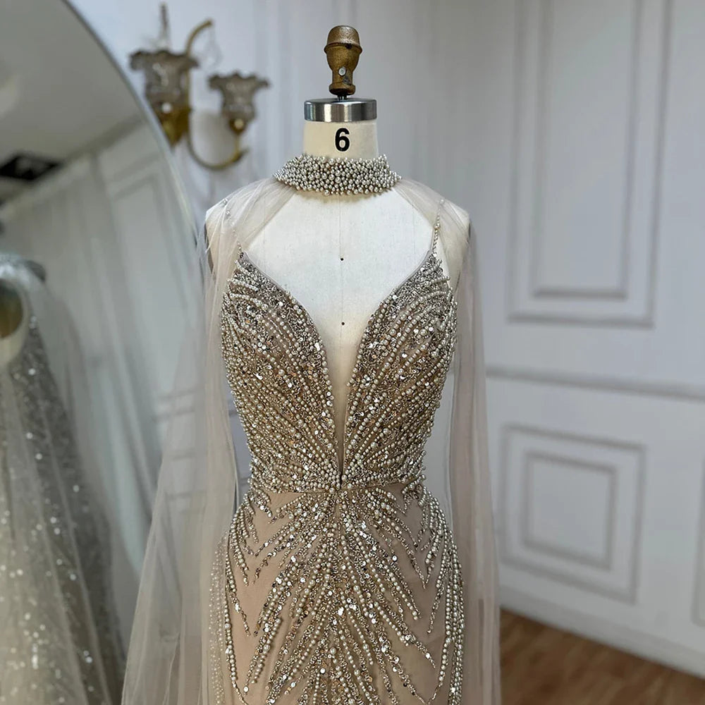 Luxury Dubai Spaghetti Strap Long Cloak Mermaid Caramel Beaded Luxury Evening Dresses Gowns for Women's Party LA72768