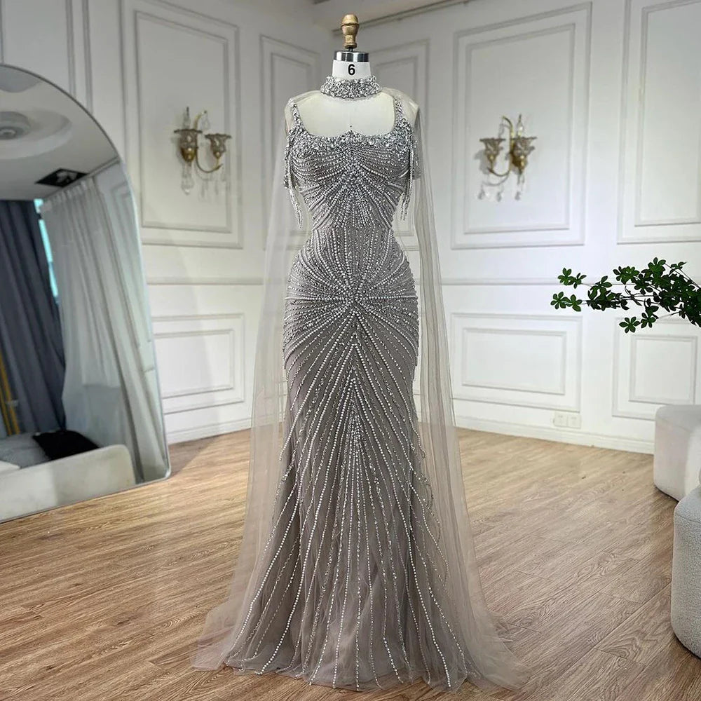 Luxury Tassel Champagne Mermaid Evening Dress with Cape LA72587