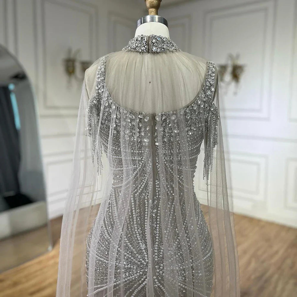 Luxury Tassel Champagne Mermaid Evening Dress with Cape LA72587