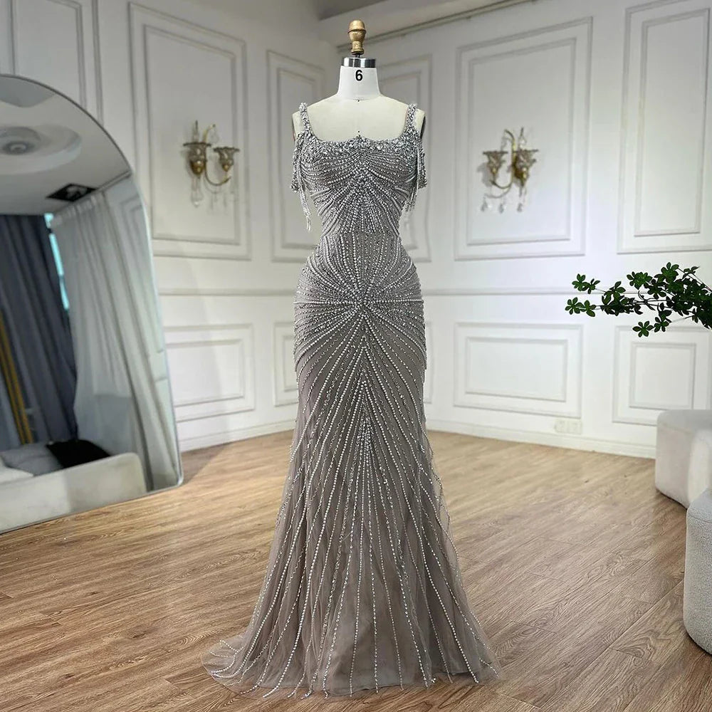 Luxury Tassel Champagne Mermaid Evening Dress with Cape LA72587