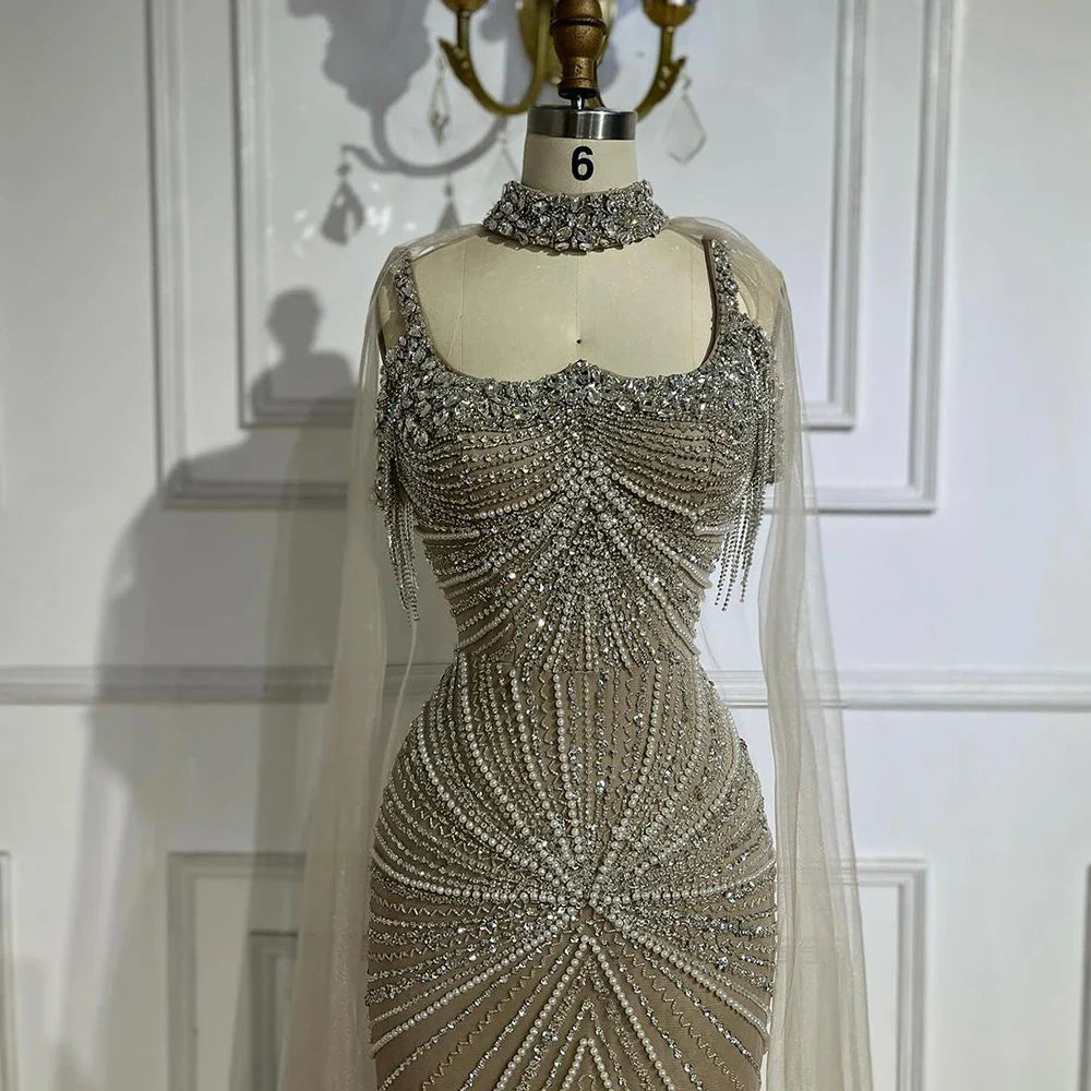 Luxury Tassel Champagne Mermaid Evening Dress with Cape LA72587
