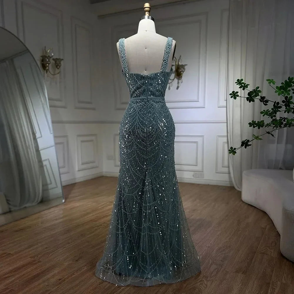 Serene Hill Turquoise Mermaid Beaded Pearls Spaghetti Straps and Floor Length Evening Gown Party Dress for Women 2025 LA72032C