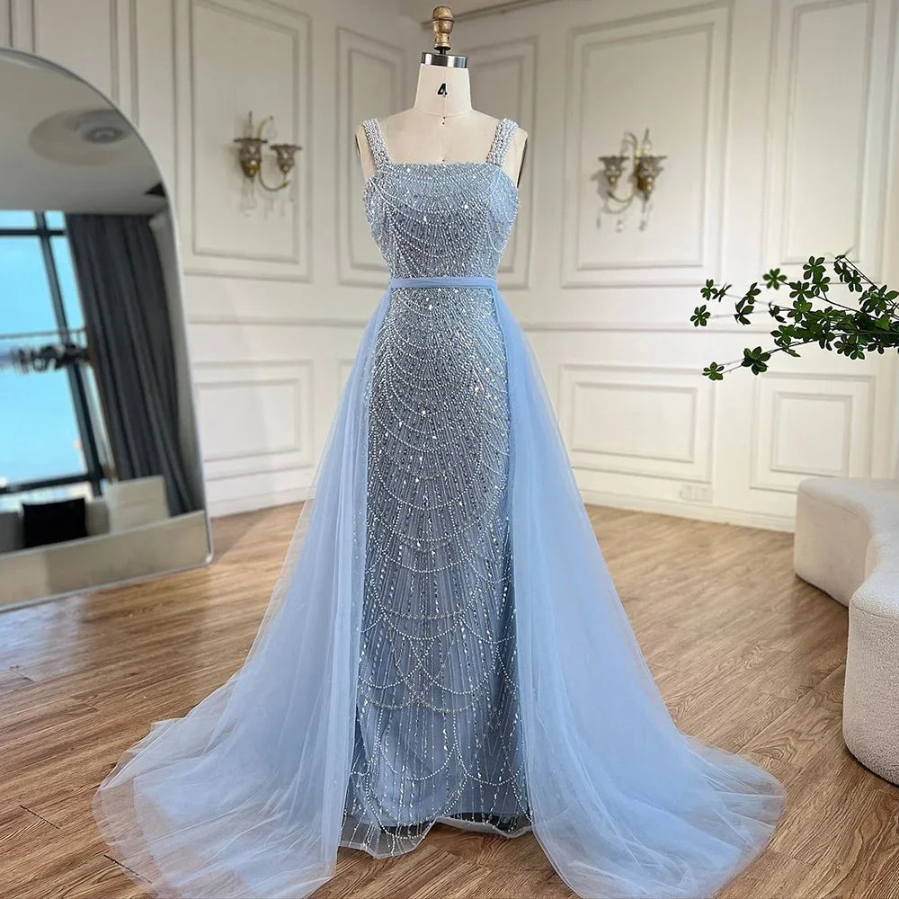Serene Hill Turquoise Mermaid Beaded Pearls Spaghetti Straps and Floor Length Evening Gown Party Dress for Women 2025 LA72032C