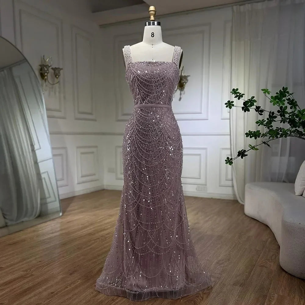 Serene Hill Turquoise Mermaid Beaded Pearls Spaghetti Straps and Floor Length Evening Gown Party Dress for Women 2025 LA72032C