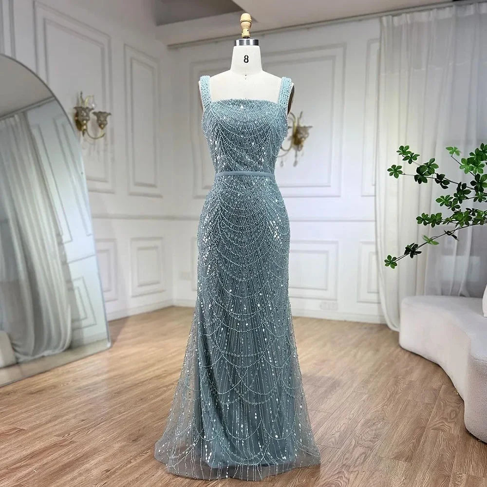 Serene Hill Turquoise Mermaid Beaded Pearls Spaghetti Straps and Floor Length Evening Gown Party Dress for Women 2025 LA72032C