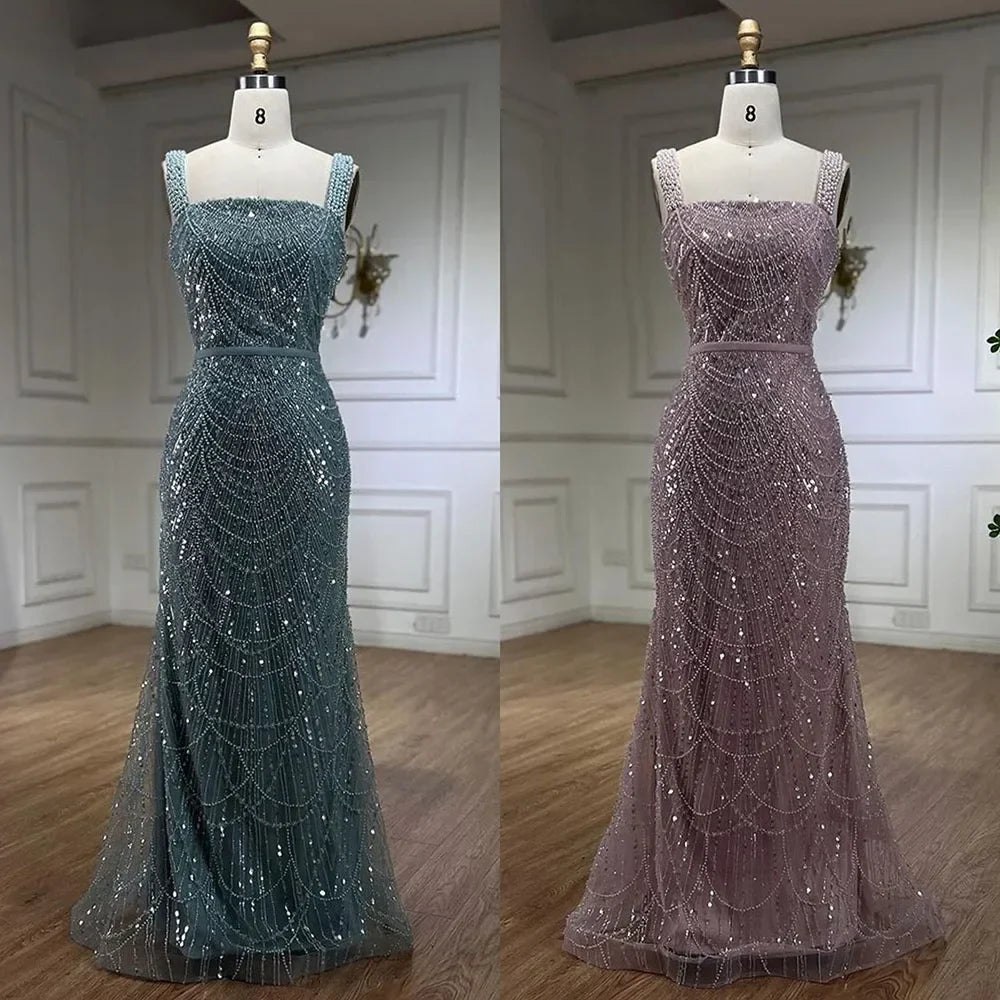 Serene Hill Turquoise Mermaid Beaded Pearls Spaghetti Straps and Floor Length Evening Gown Party Dress for Women 2025 LA72032C