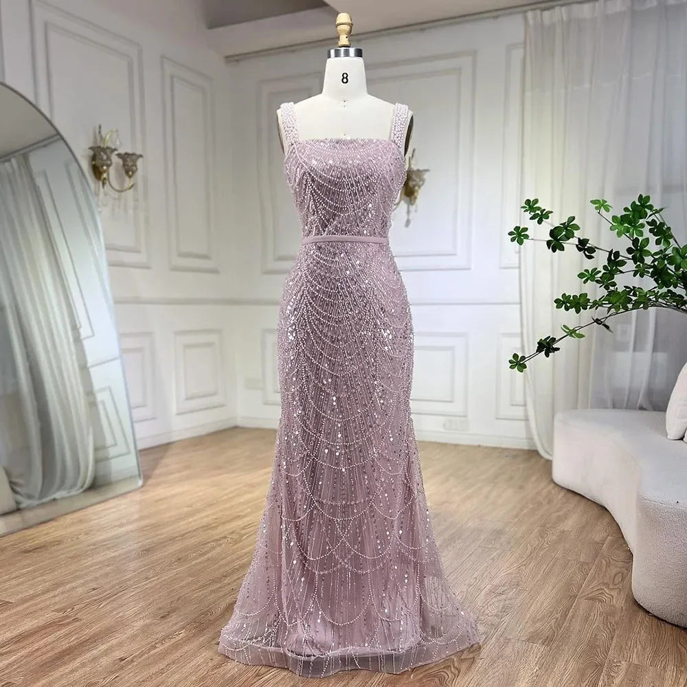 Serene Hill Turquoise Mermaid Beaded Pearls Spaghetti Straps and Floor Length Evening Gown Party Dress for Women 2025 LA72032C