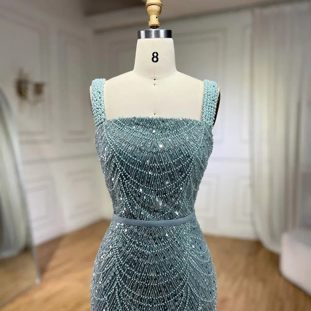 Serene Hill Turquoise Mermaid Beaded Pearls Spaghetti Straps and Floor Length Evening Gown Party Dress for Women 2025 LA72032C