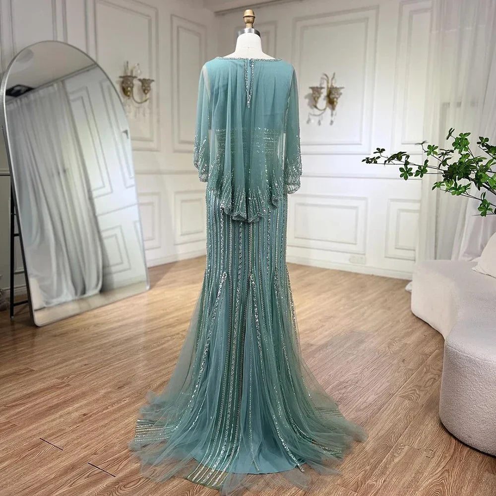 Luxury Turquoise Mermaid Evening Dress with Long Cape LA72258