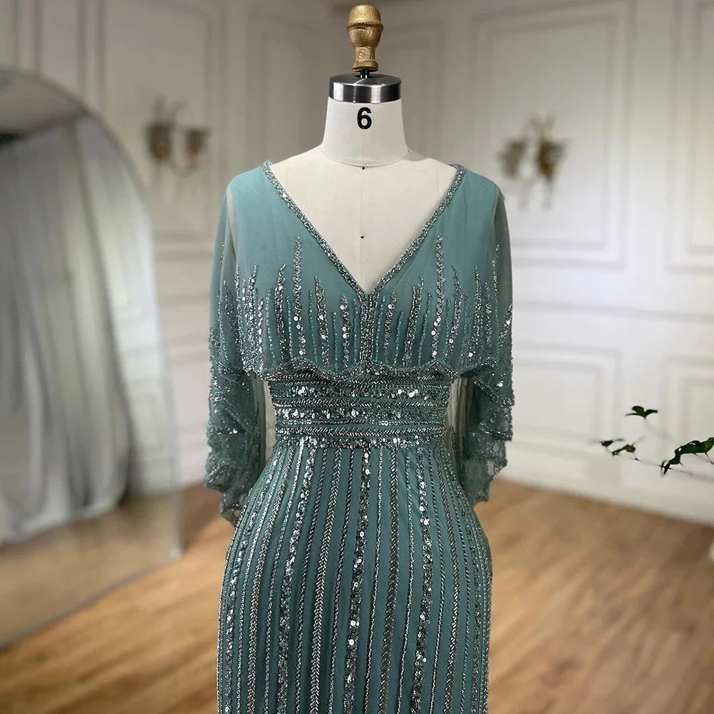 Luxury Turquoise Mermaid Evening Dress with Long Cape LA72258