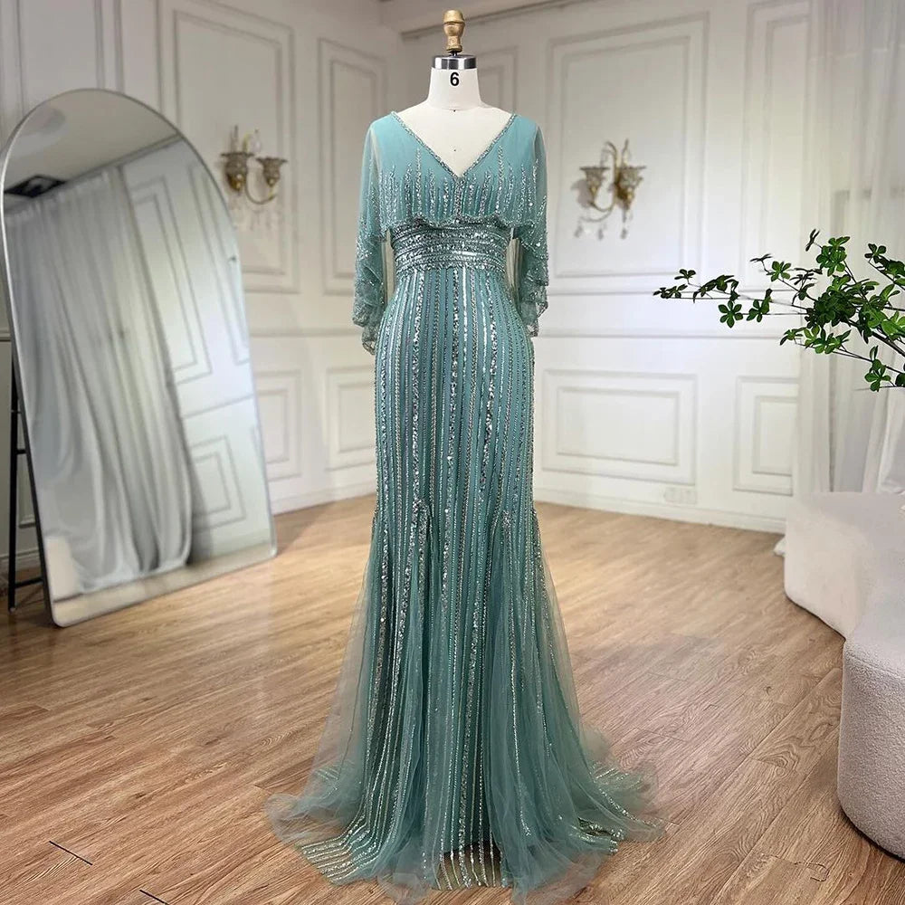 Luxury Turquoise Mermaid Evening Dress with Long Cape LA72258