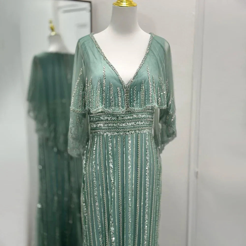 Luxury Turquoise Mermaid Evening Dress with Long Cape LA72258