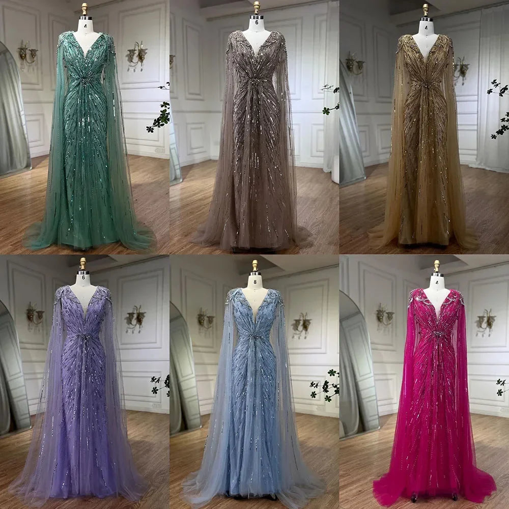 Luxury Designer Turquoise Mermaid Beaded Evening Dress with Cape LA72168A