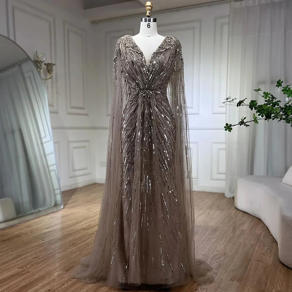 Luxury Designer Turquoise Mermaid Beaded Evening Dress with Cape LA72168A