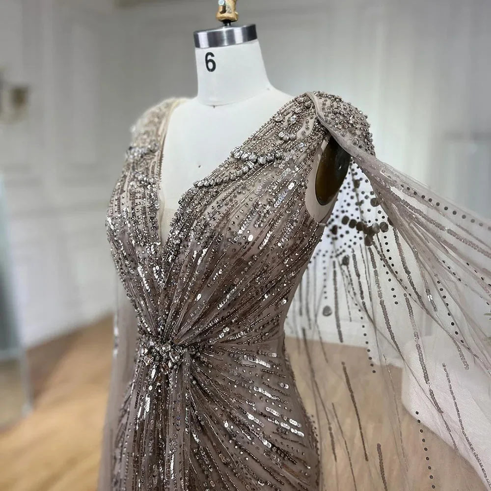 Luxury Designer Turquoise Mermaid Beaded Evening Dress with Cape LA72168A