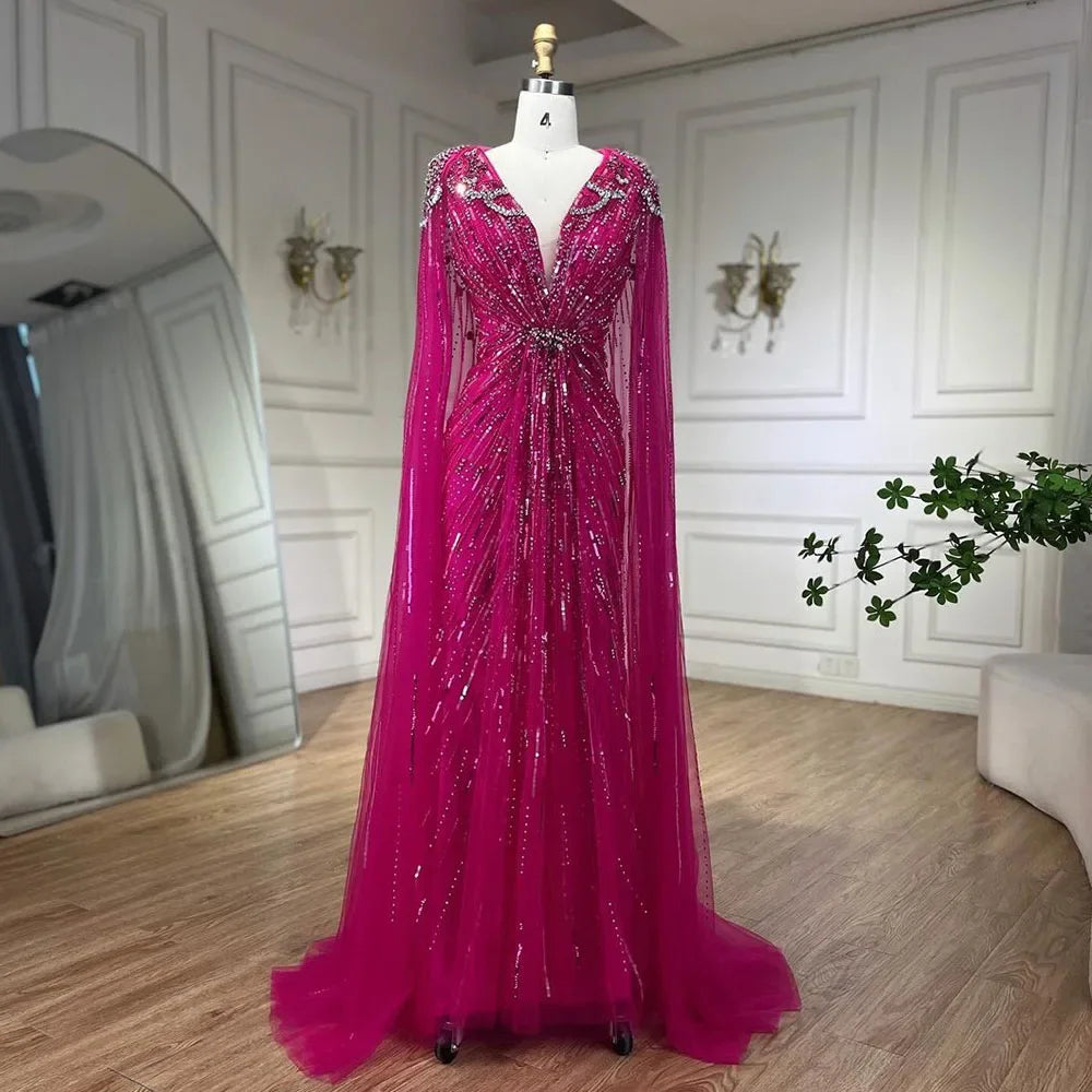 Luxury Designer Turquoise Mermaid Beaded Evening Dress with Cape LA72168A