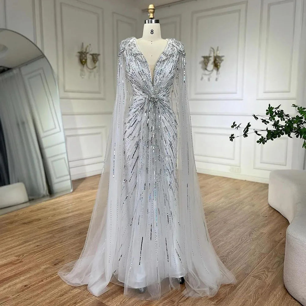 Luxury Designer Turquoise Mermaid Beaded Evening Dress with Cape LA72168A