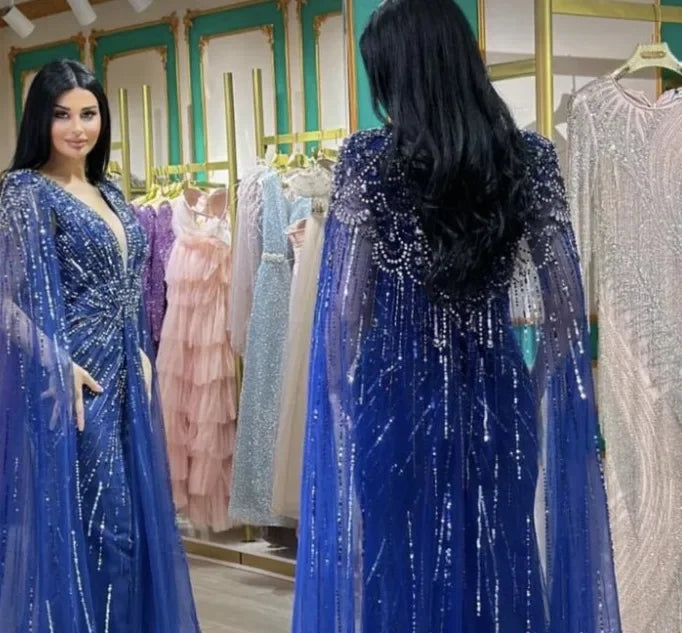 Luxury Designer Turquoise Mermaid Beaded Evening Dress with Cape LA72168A