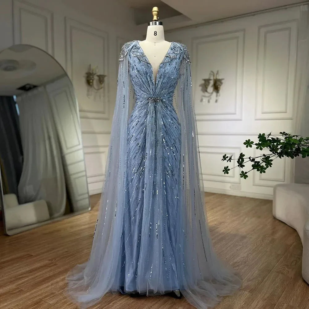 Luxury Designer Turquoise Mermaid Beaded Evening Dress with Cape LA72168A