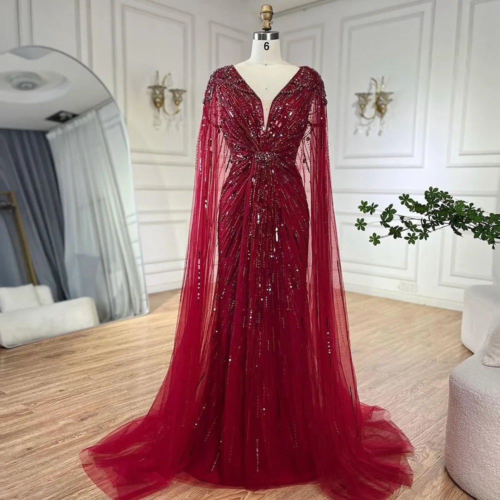 Luxury Designer Turquoise Mermaid Beaded Evening Dress with Cape LA72168A