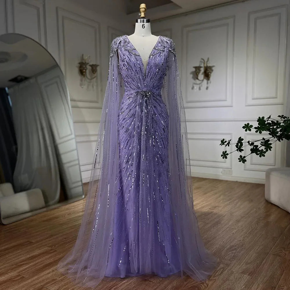 Luxury Designer Turquoise Mermaid Beaded Evening Dress with Cape LA72168A