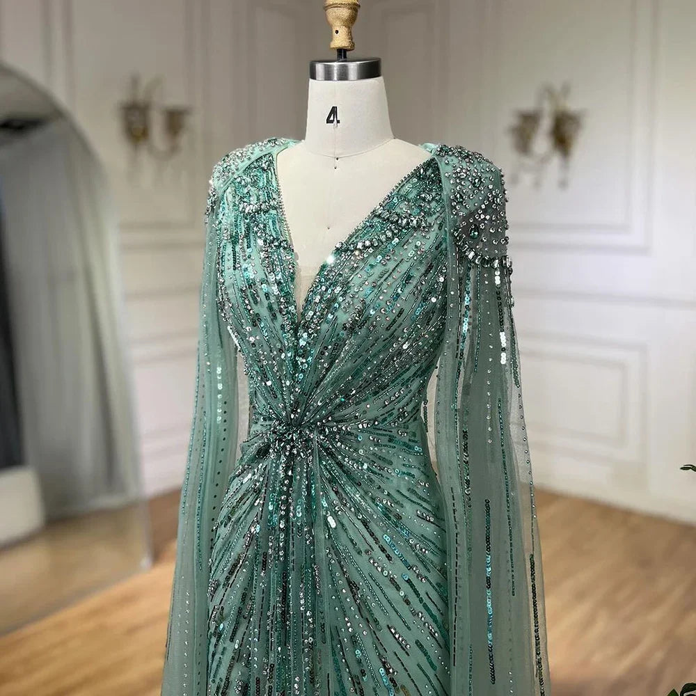 Luxury Designer Turquoise Mermaid Beaded Evening Dress with Cape LA72168A