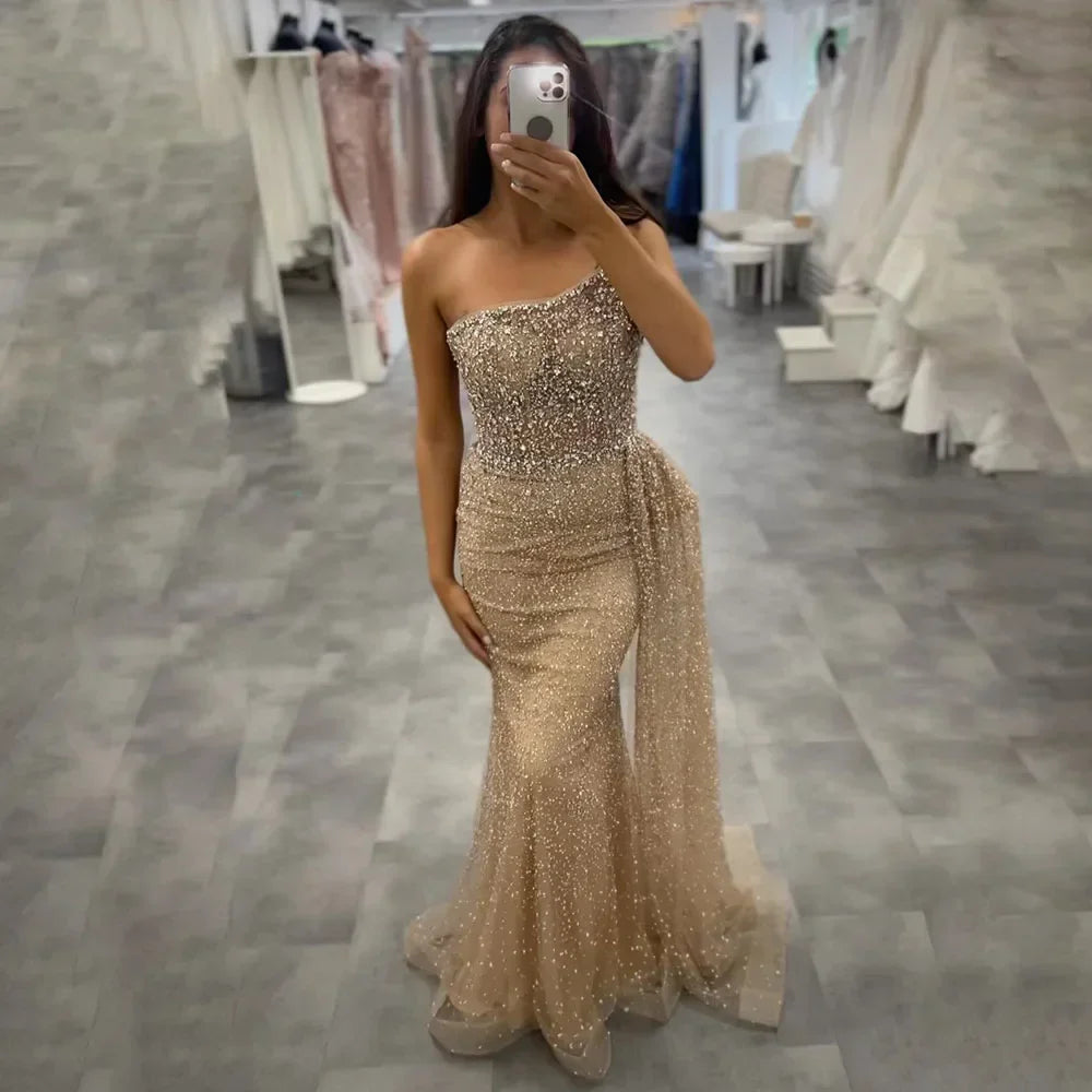 Sparkly Crystal Turquoise One Shoulder Evening Dress LA72144