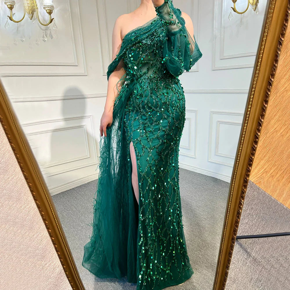 Luxury Dubai Turquoise Mermaid Overskirt Evening Dresses Gowns Luxury Beaded Elegant For Women Party LA71466