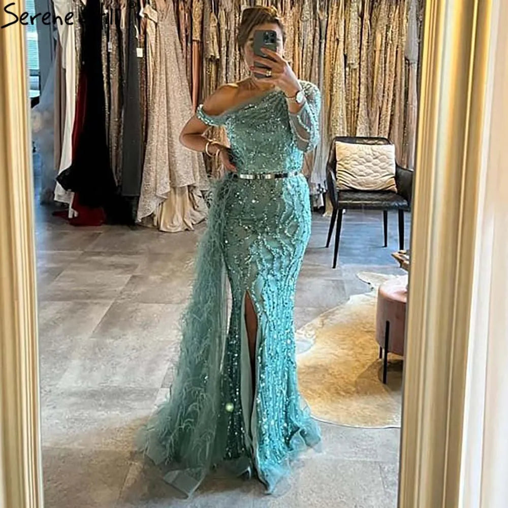 Luxury Dubai Turquoise Mermaid Overskirt Evening Dresses Gowns Luxury Beaded Elegant For Women Party LA71466