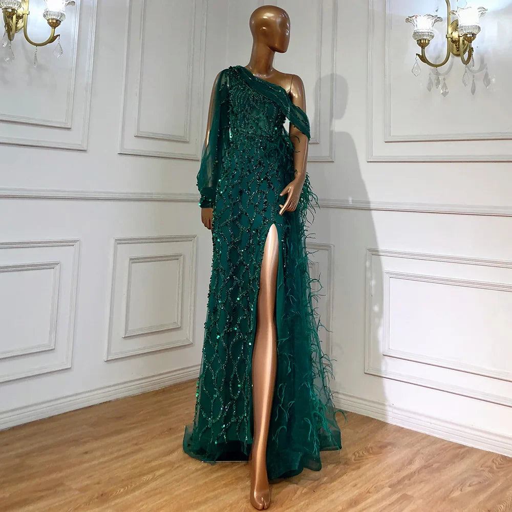 Luxury Dubai Turquoise Mermaid Overskirt Evening Dresses Gowns Luxury Beaded Elegant For Women Party LA71466