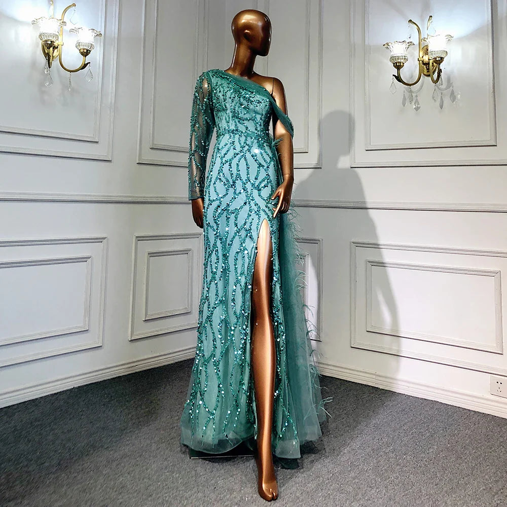 Luxury Dubai Turquoise Mermaid Overskirt Evening Dresses Gowns Luxury Beaded Elegant For Women Party LA71466