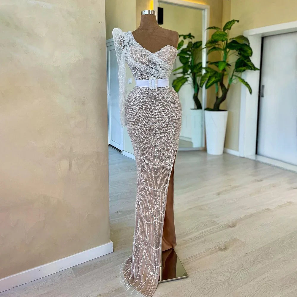 Serene Hill White Nude Mermaid One Shoulder High Split Beaded Luxury Evening Dresses Gowns For Women Wedding Party LA72269
