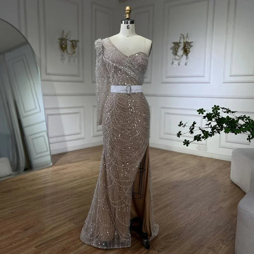 Serene Hill White Nude Mermaid One Shoulder High Split Beaded Luxury Evening Dresses Gowns For Women Wedding Party LA72269