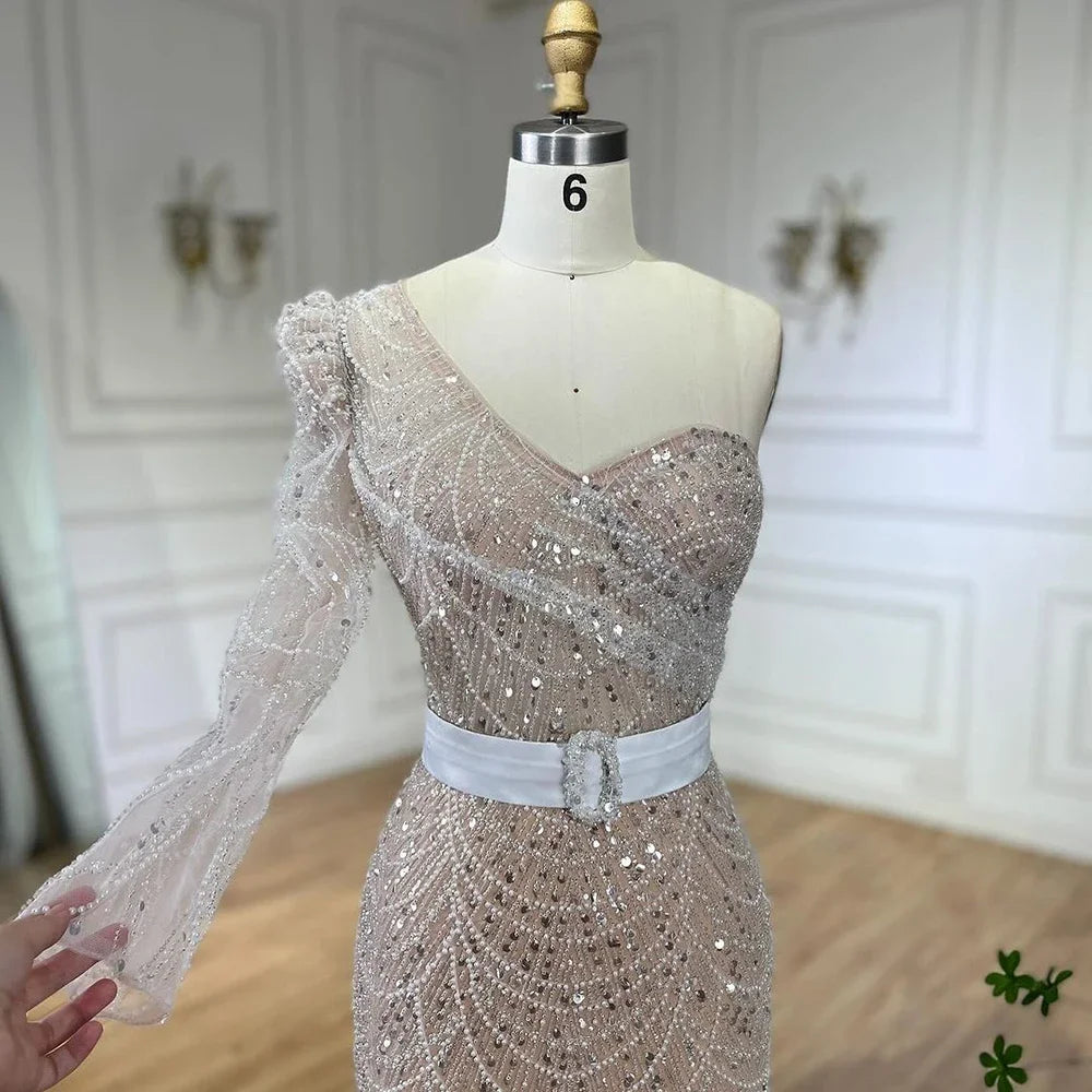 Serene Hill White Nude Mermaid One Shoulder High Split Beaded Luxury Evening Dresses Gowns For Women Wedding Party LA72269