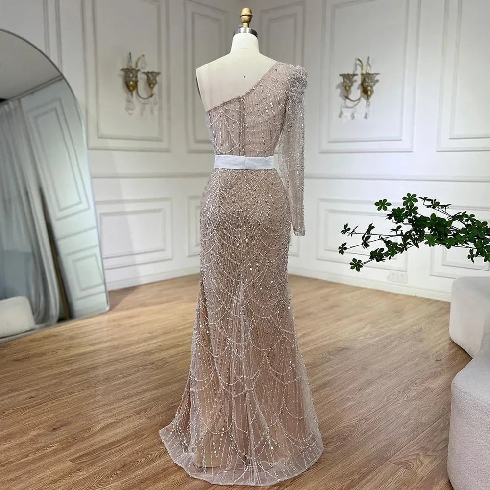 Serene Hill White Nude Mermaid One Shoulder High Split Beaded Luxury Evening Dresses Gowns For Women Wedding Party LA72269