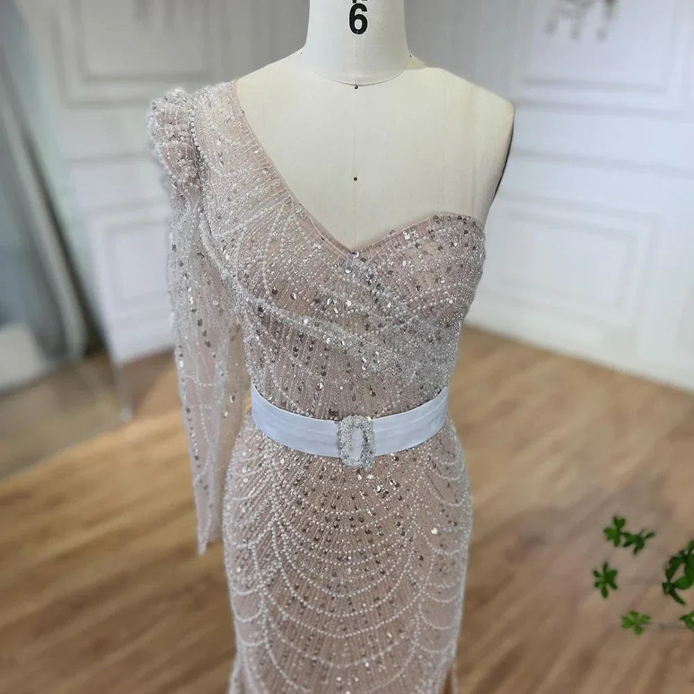 Serene Hill White Nude Mermaid One Shoulder High Split Beaded Luxury Evening Dresses Gowns For Women Wedding Party LA72269