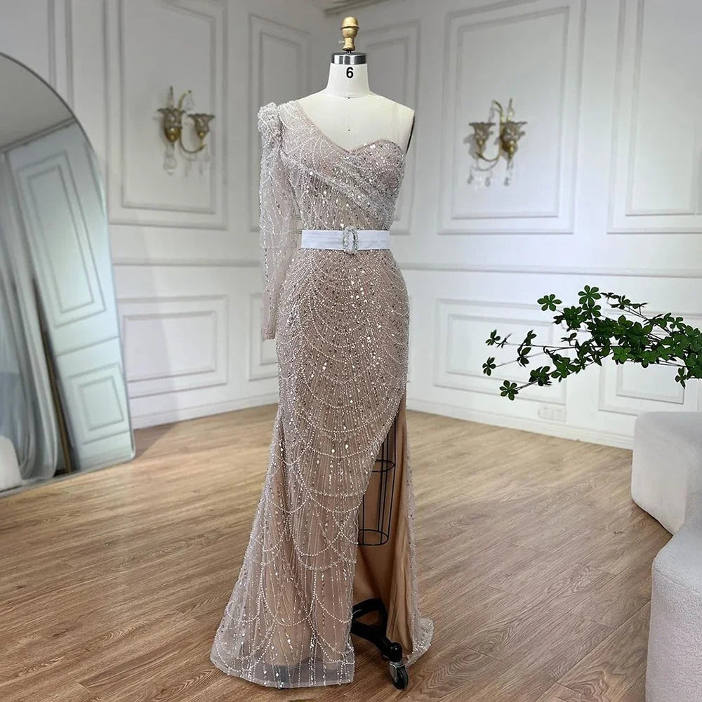 Serene Hill White Nude Mermaid One Shoulder High Split Beaded Luxury Evening Dresses Gowns For Women Wedding Party LA72269